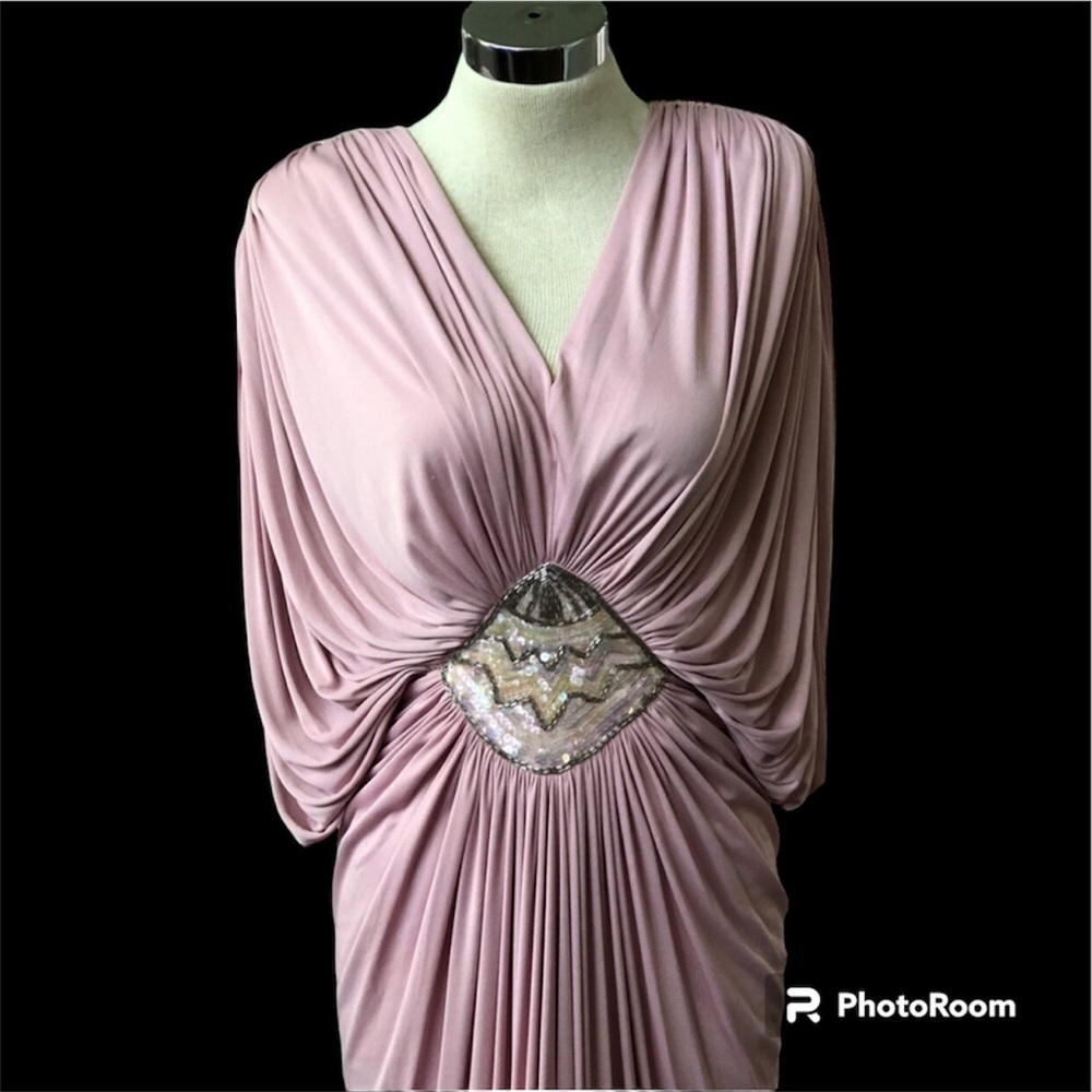 VTG Tadashi Dress ‘80s Pink Silky Jersey Evening Gown W/ Beads Sequins/Draping